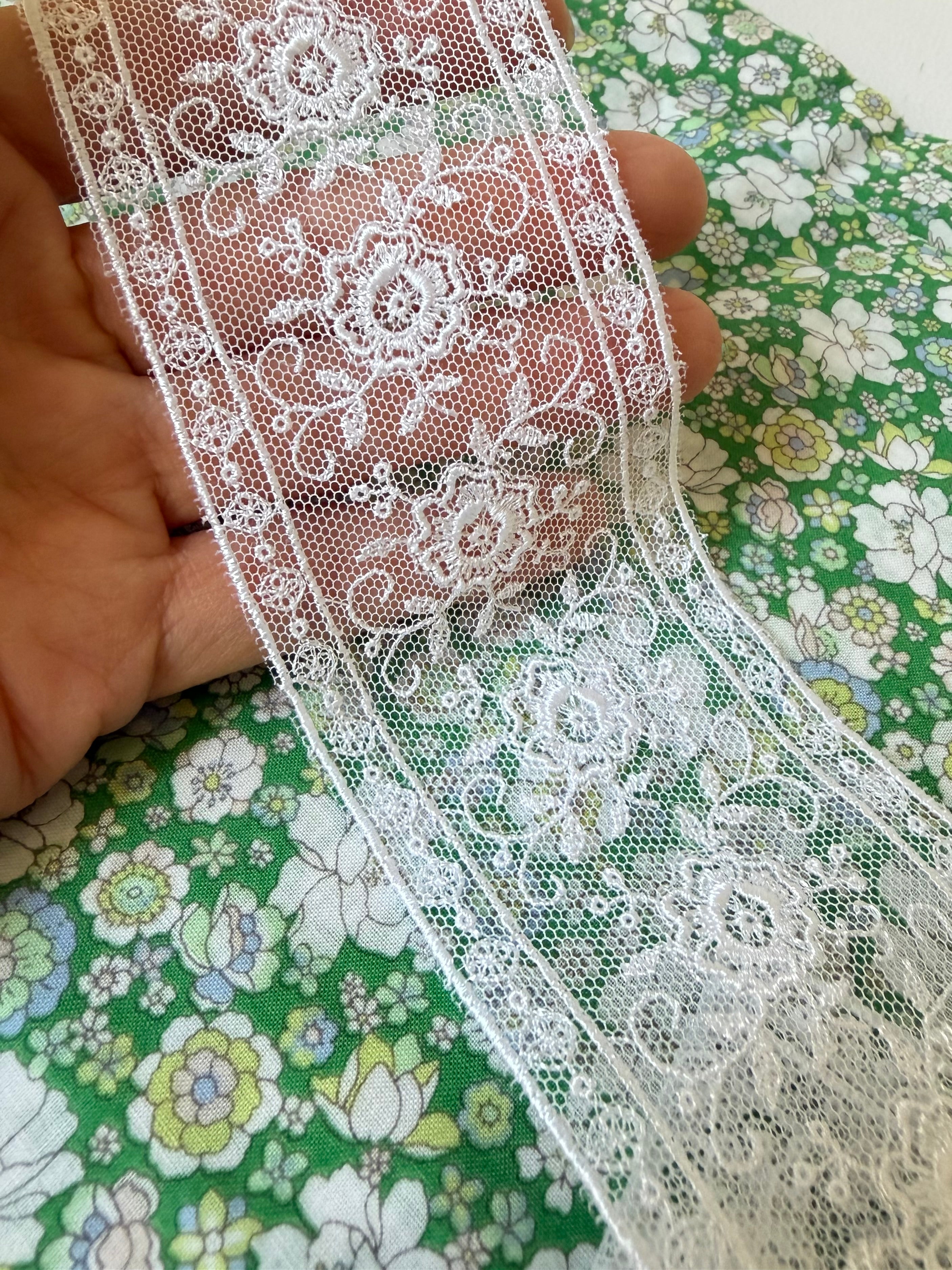 Delicate White Floral Embroidered Tulle Trim- 2” Wide- (4109)