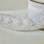Delicate White Floral Embroidered Tulle Trim- 2” Wide- (4109)
