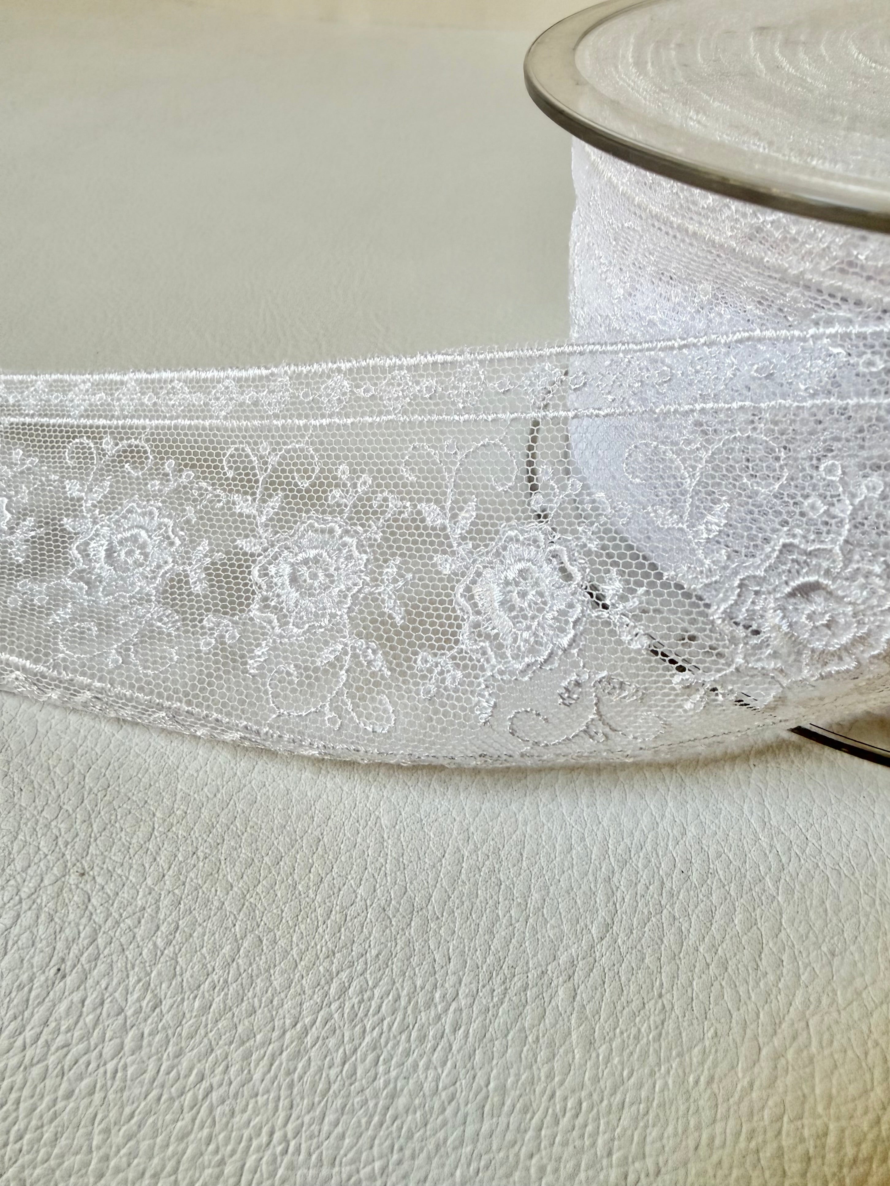 Delicate White Floral Embroidered Tulle Trim- 2” Wide- (4109)