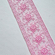 Delicate Pink Floral Embroidered Tulle Trim- 2” Wide- (4109)