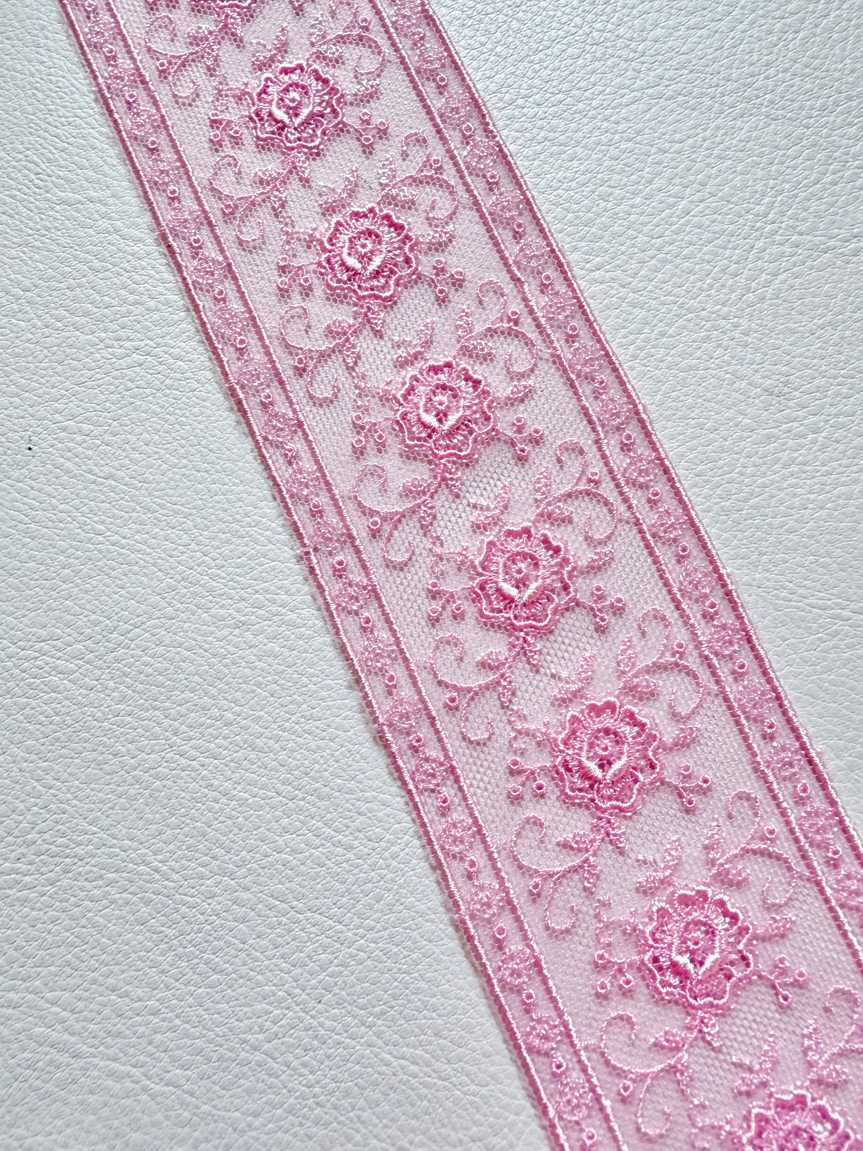 Delicate Pink Floral Embroidered Tulle Trim- 2” Wide- (4109)