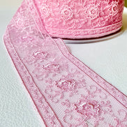 Delicate Pink Floral Embroidered Tulle Trim- 2” Wide- (4109)