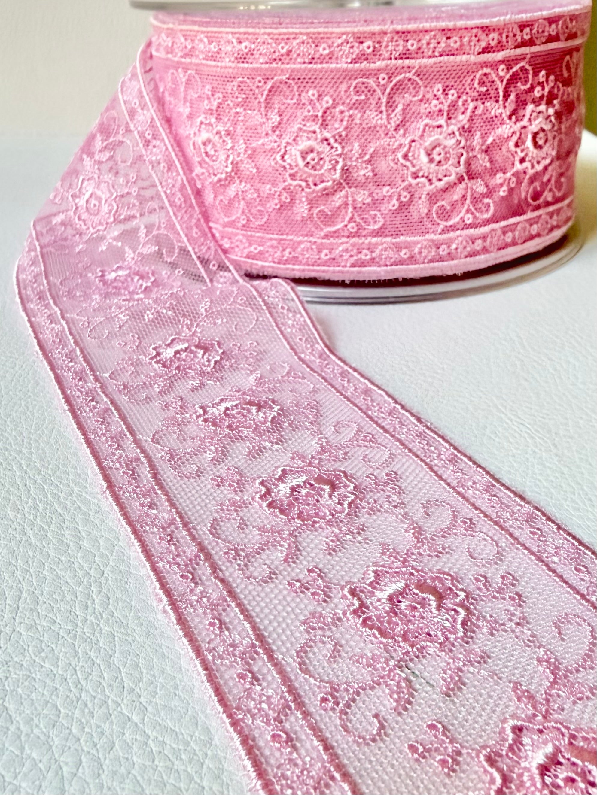 Delicate Pink Floral Embroidered Tulle Trim- 2” Wide- (4109)