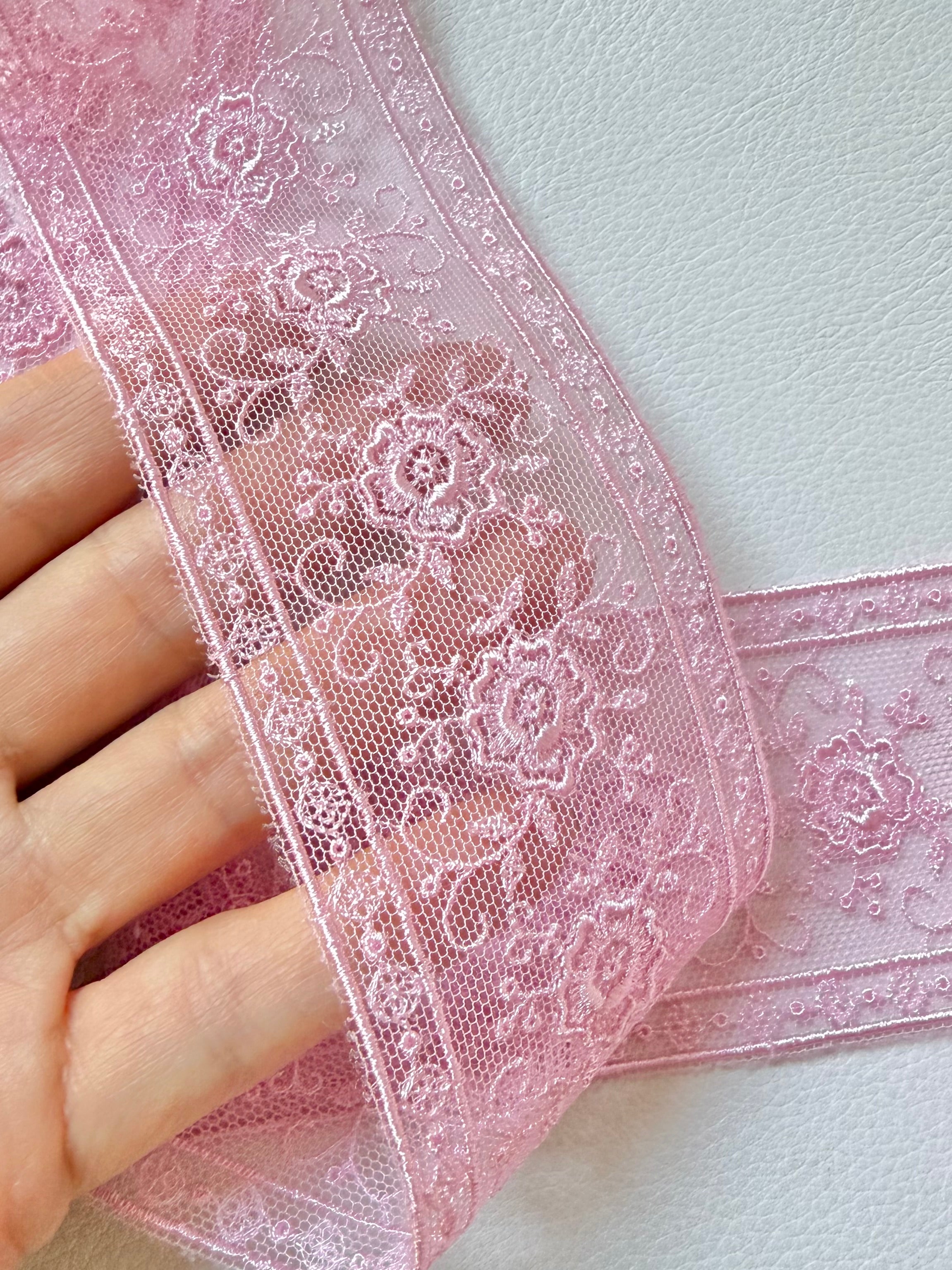Delicate Pink Floral Embroidered Tulle Trim- 2” Wide- (4109)