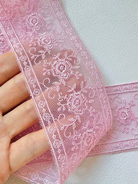 Delicate Pink Floral Embroidered Tulle Trim- 2” Wide- (4109)
