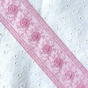 Delicate Pink Floral Embroidered Tulle Trim- 2” Wide- (4109)
