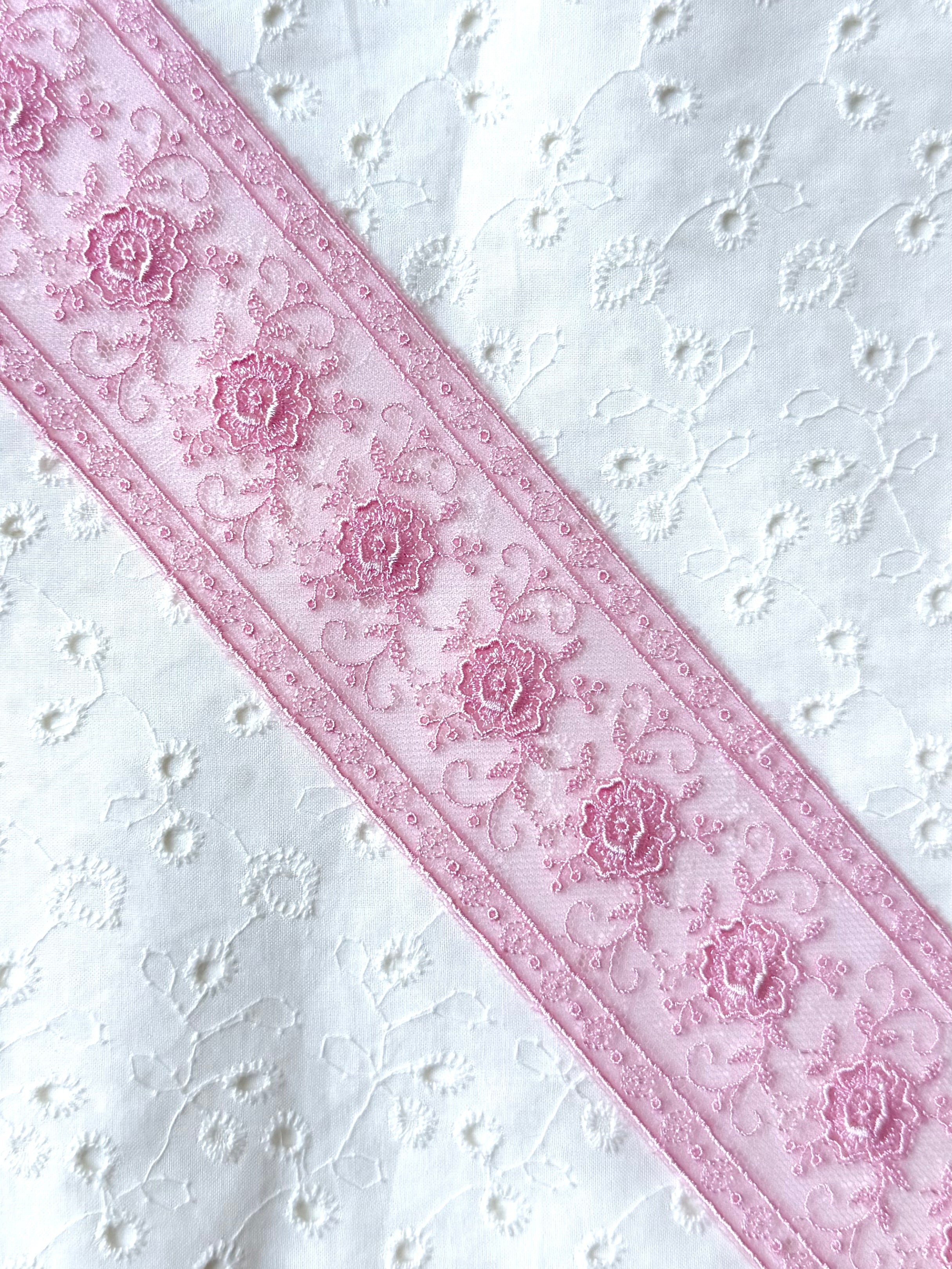 Delicate Pink Floral Embroidered Tulle Trim- 2” Wide- (4109)