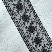 Delicate Black Floral Embroidered Tulle Trim- 2” Wide- (4109)