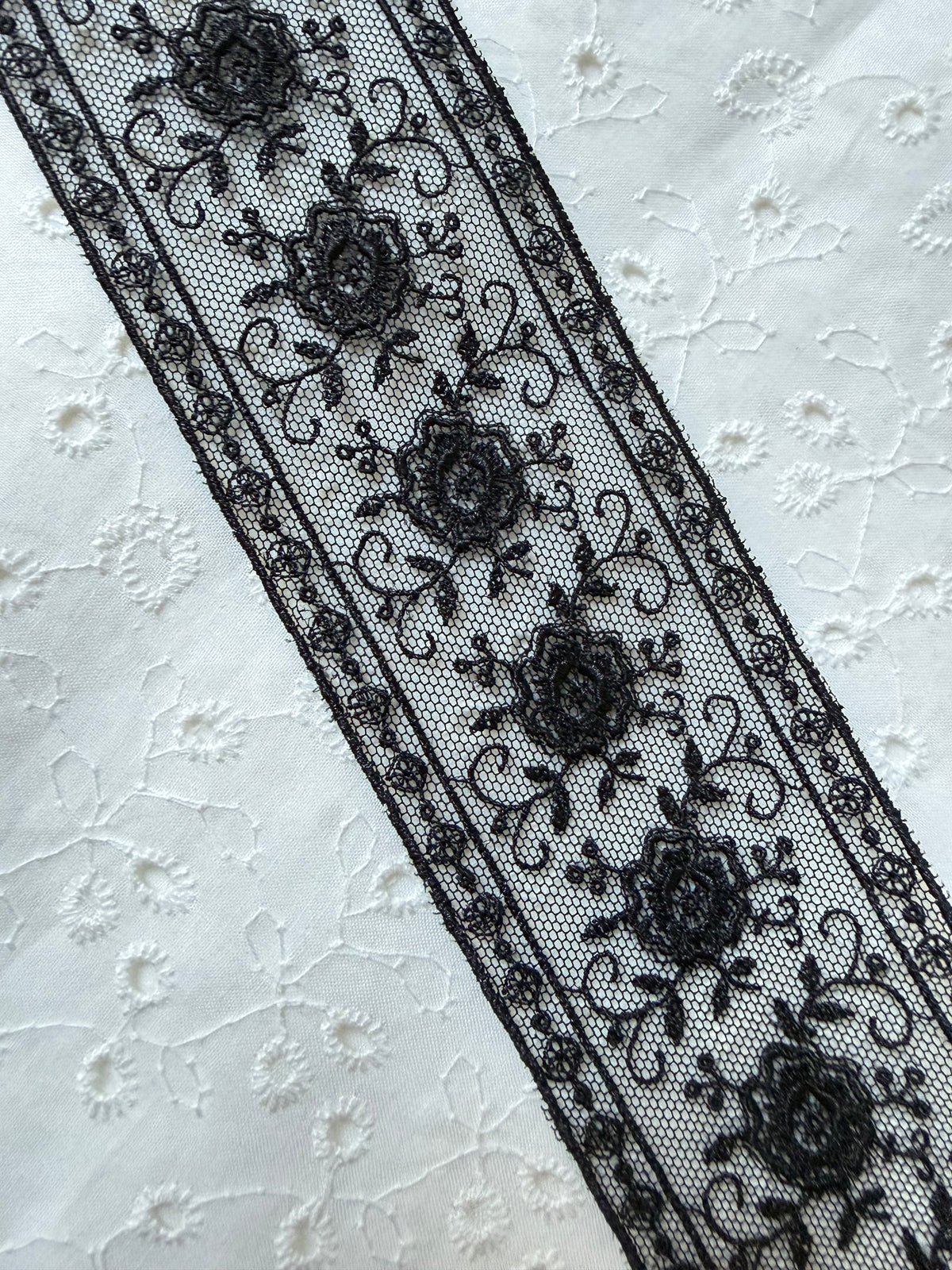 Delicate Black Floral Embroidered Tulle Trim- 2” Wide- (4109)
