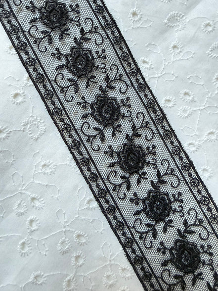 Delicate Black Floral Embroidered Tulle Trim- 2” Wide- (4109)