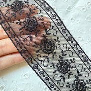 Delicate Black Floral Embroidered Tulle Trim- 2” Wide- (4109)
