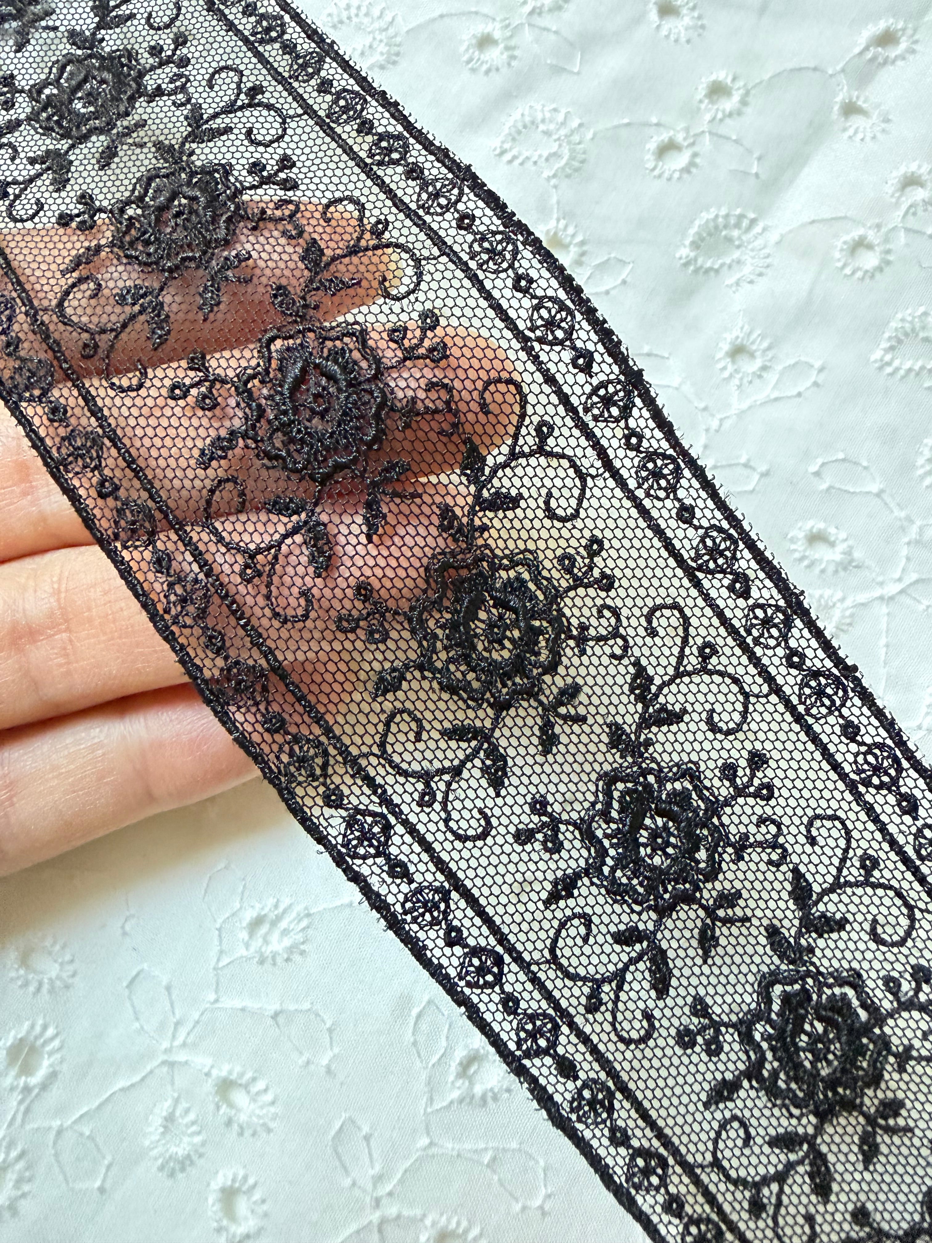 Delicate Black Floral Embroidered Tulle Trim- 2” Wide- (4109)