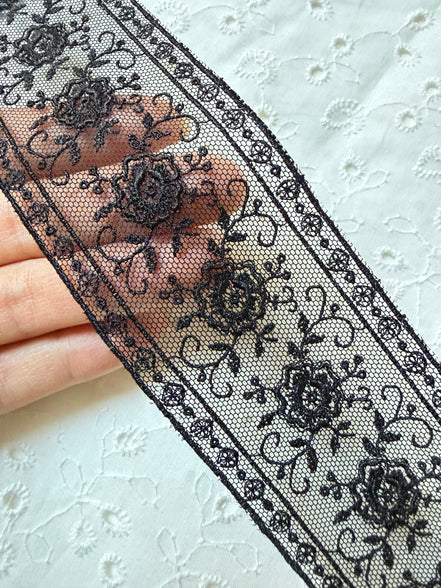 Delicate Black Floral Embroidered Tulle Trim- 2” Wide- (4109)
