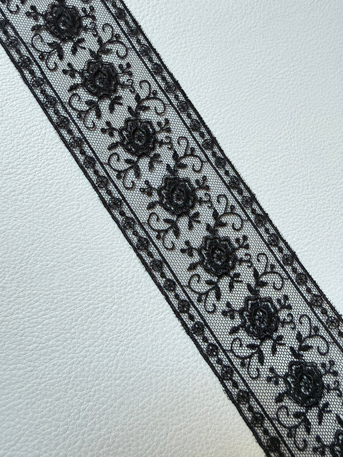 Delicate Black Floral Embroidered Tulle Trim- 2” Wide- (4109)