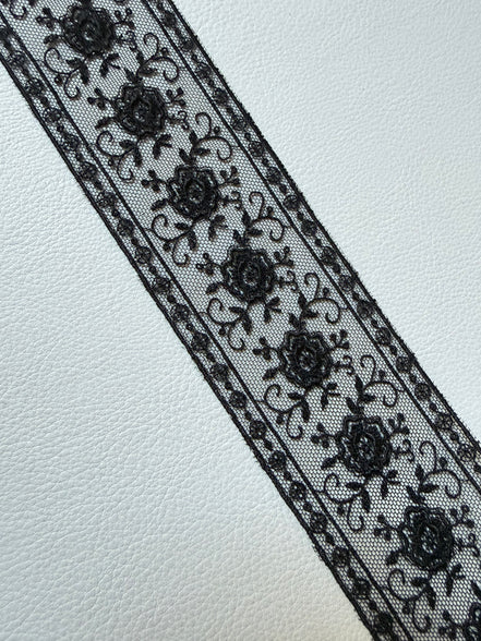 Delicate Black Floral Embroidered Tulle Trim- 2” Wide- (4109)