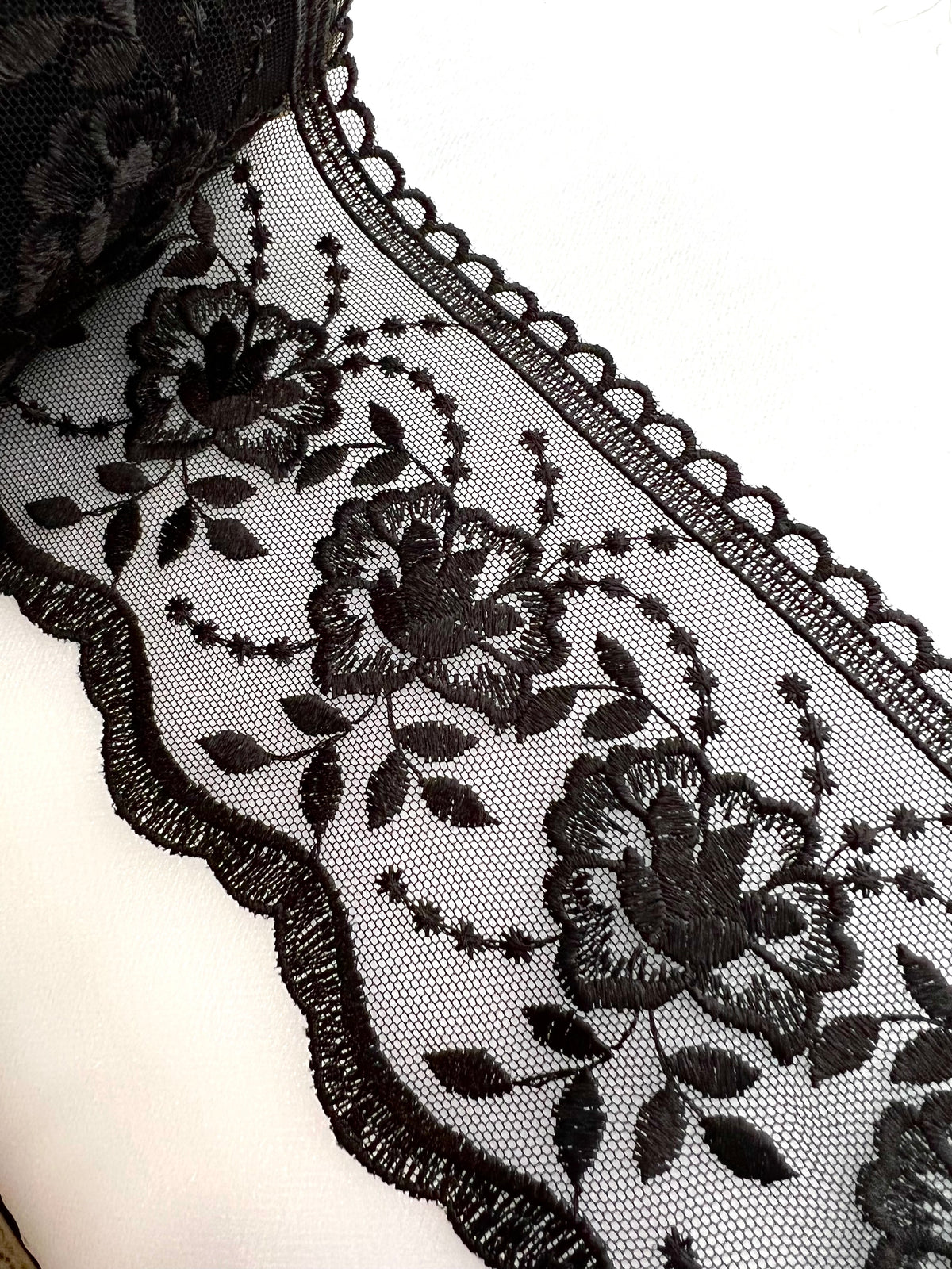Black Floral Embroidery on Tulle- Lace Trim 3519- 4 1/8