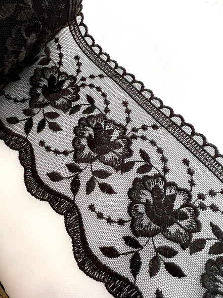 Black Floral Embroidery on Tulle- Lace Trim 3519- 4 1/8" Wide