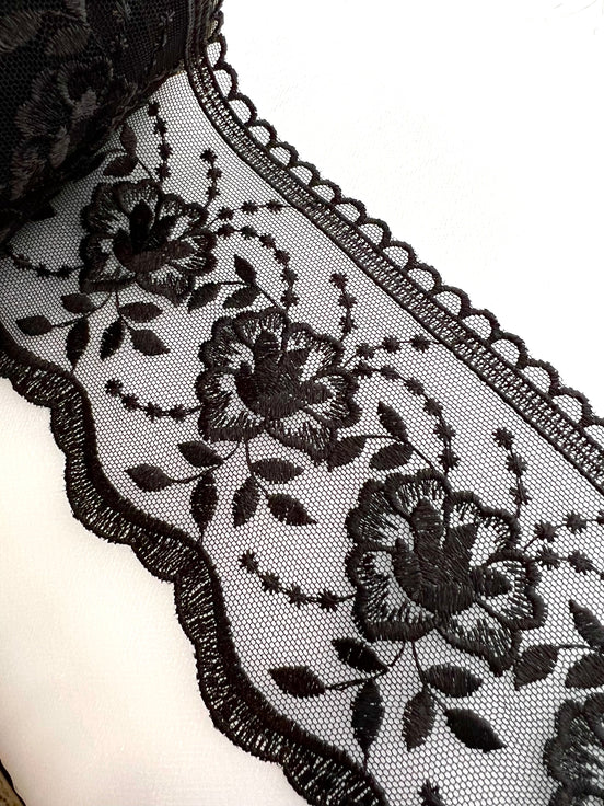 Black Floral Embroidery on Tulle- Lace Trim 3519- 4 1/8" Wide