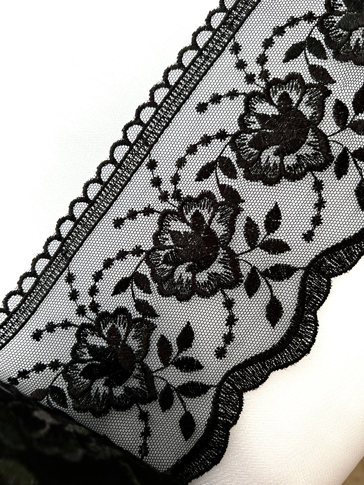 Black Floral Embroidery on Tulle- Lace Trim 3519- 4 1/8