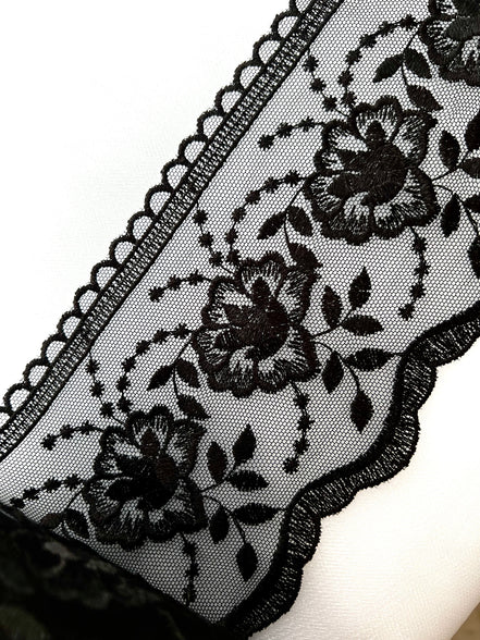 Black Floral Embroidery on Tulle- Lace Trim 3519- 4 1/8" Wide