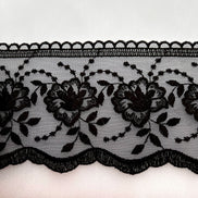 Black Floral Embroidery on Tulle- Lace Trim 3519- 4 1/8