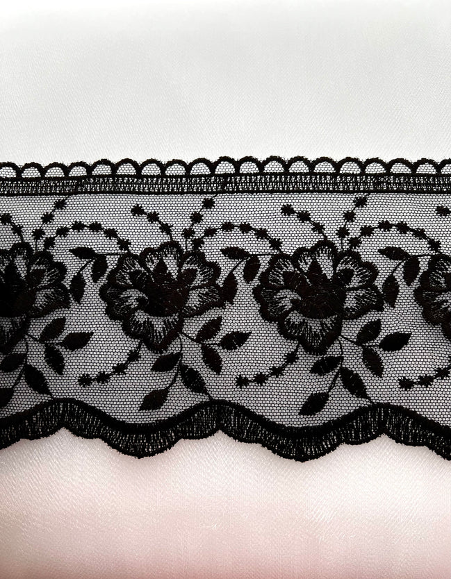 Black Floral Embroidery on Tulle- Lace Trim 3519- 4 1/8" Wide