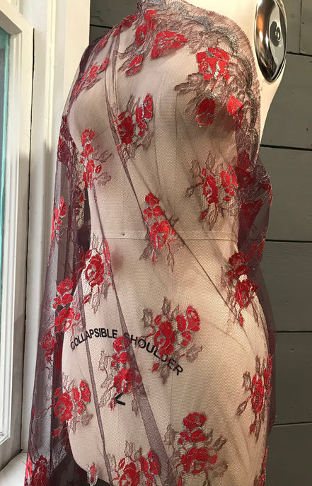 Red Black and Silver European Chantilly Lace- 37" (607)