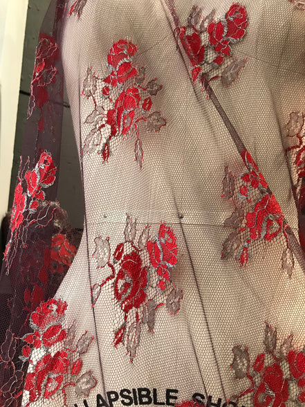 Red Black and Silver European Chantilly Lace- 37" (607)