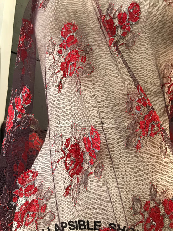 Red Black and Silver European Chantilly Lace- 37" (607)