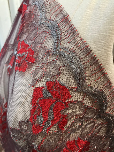 Red Black and Silver European Chantilly Lace- 37" (607)