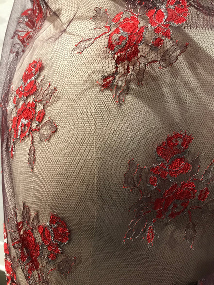 Red Black and Silver European Chantilly Lace- 37" (607)
