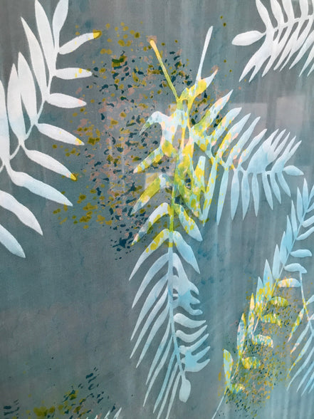 Ferns on Aqua Blue Handpainted Silk Devore- 54" (406)