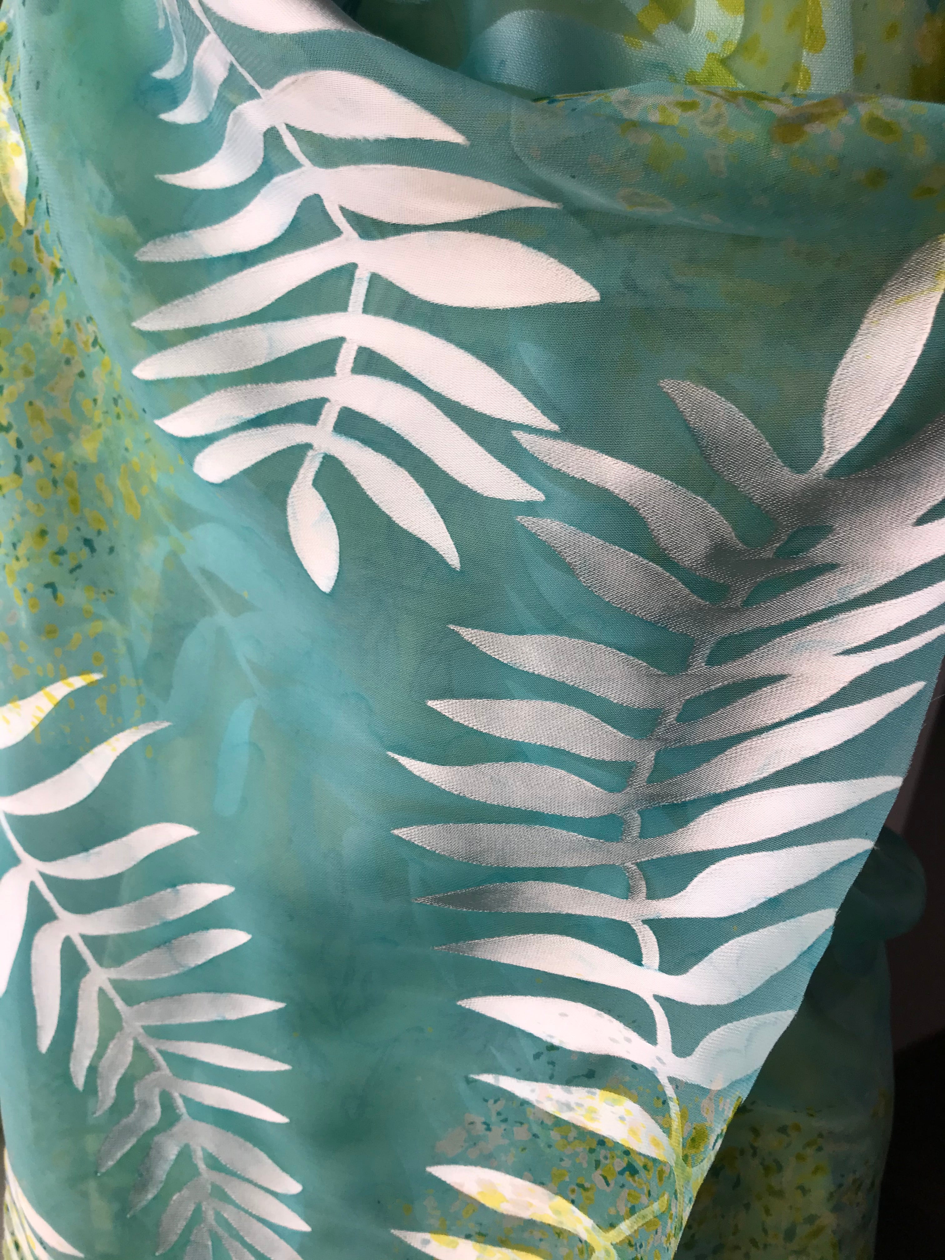 Ferns on Aqua Blue Handpainted Silk Devore- 54