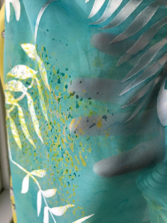 Ferns on Aqua Blue Handpainted Silk Devore- 54" (406)