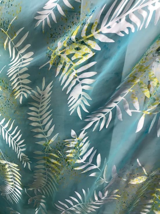Ferns on Aqua Blue Handpainted Silk Devore- 54" (406)