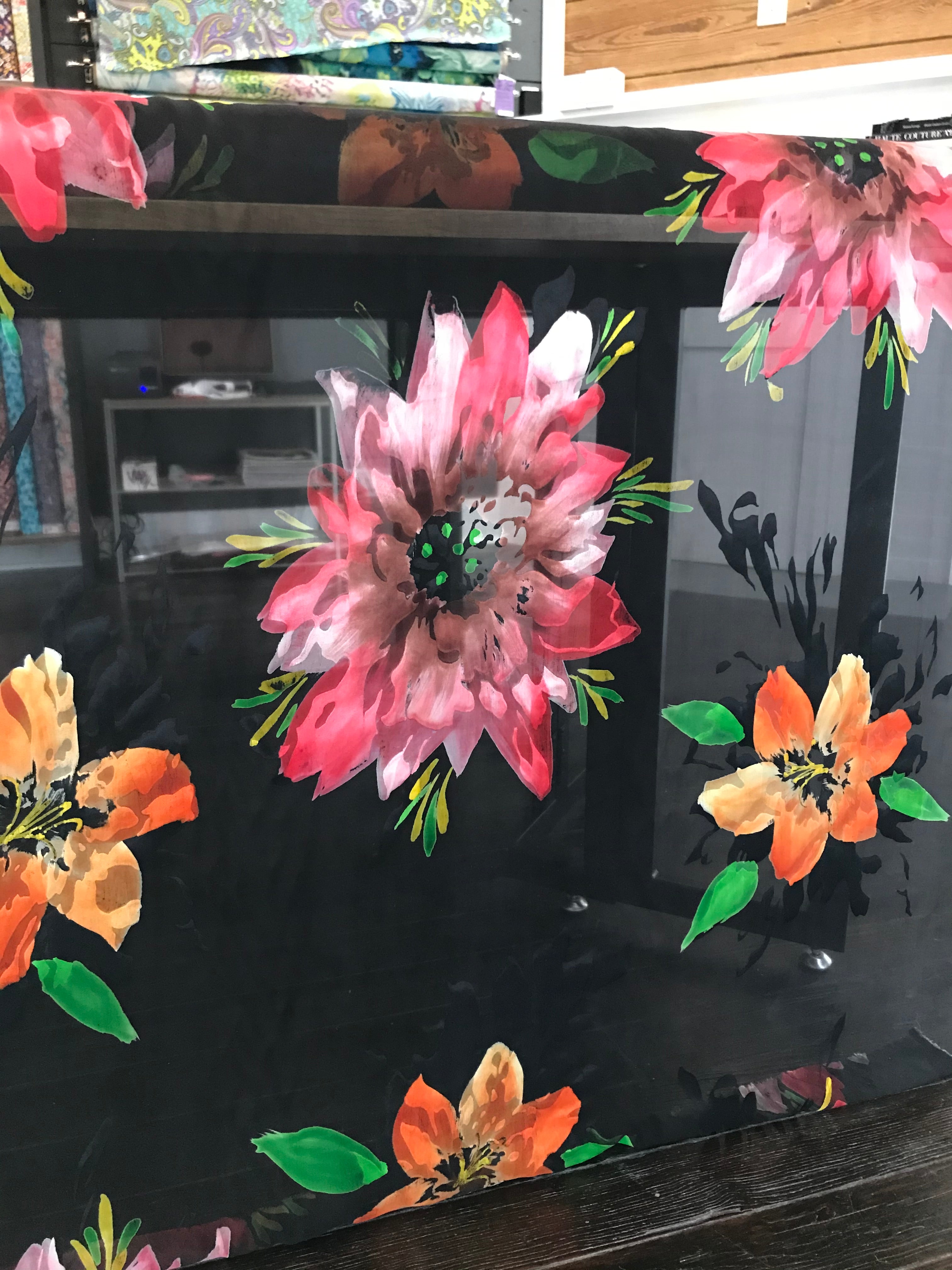 Bright Flowers on Black Handpainted Silk Devore (408)