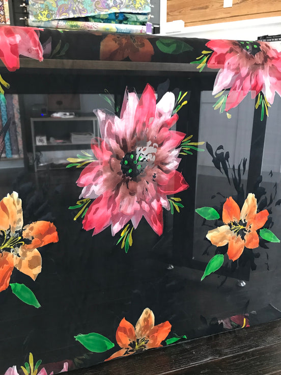 Bright Flowers on Black Handpainted Silk Devore (408)