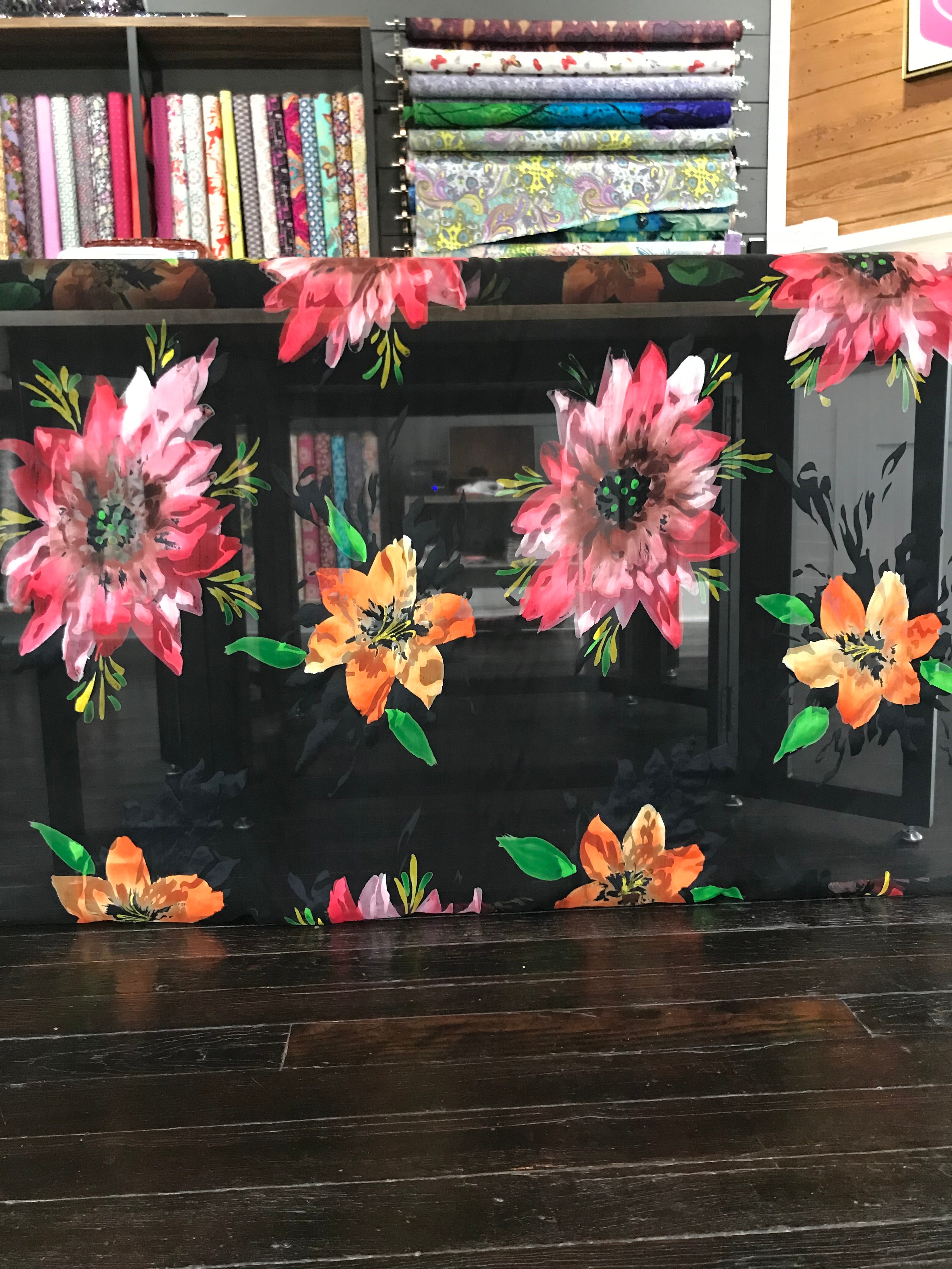 Bright Flowers on Black Handpainted Silk Devore (408)