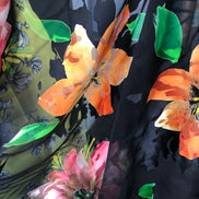Bright Flowers on Black Handpainted Silk Devore (408)