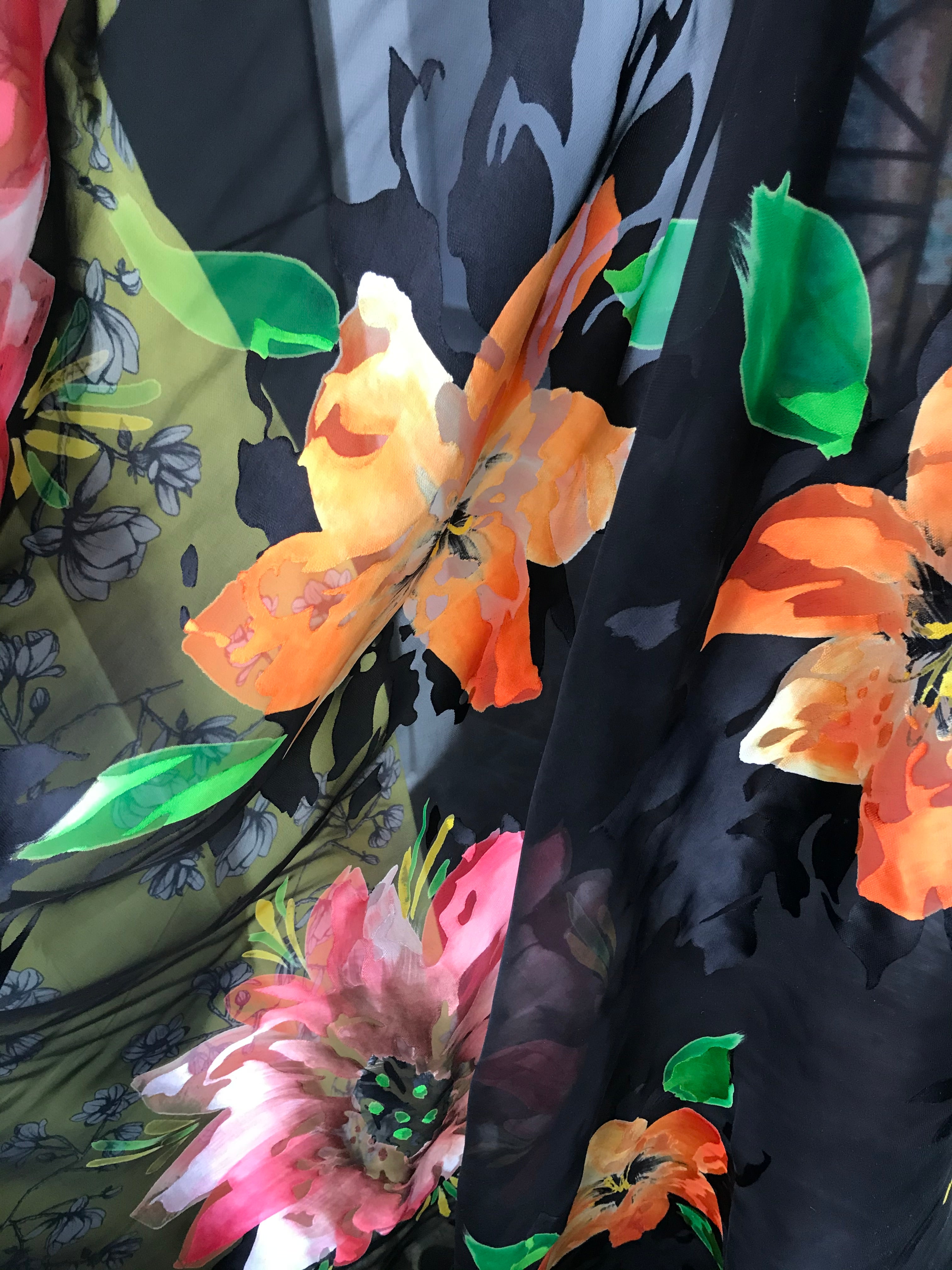 Bright Flowers on Black Handpainted Silk Devore (408)