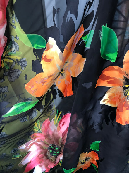 Bright Flowers on Black Handpainted Silk Devore (408)