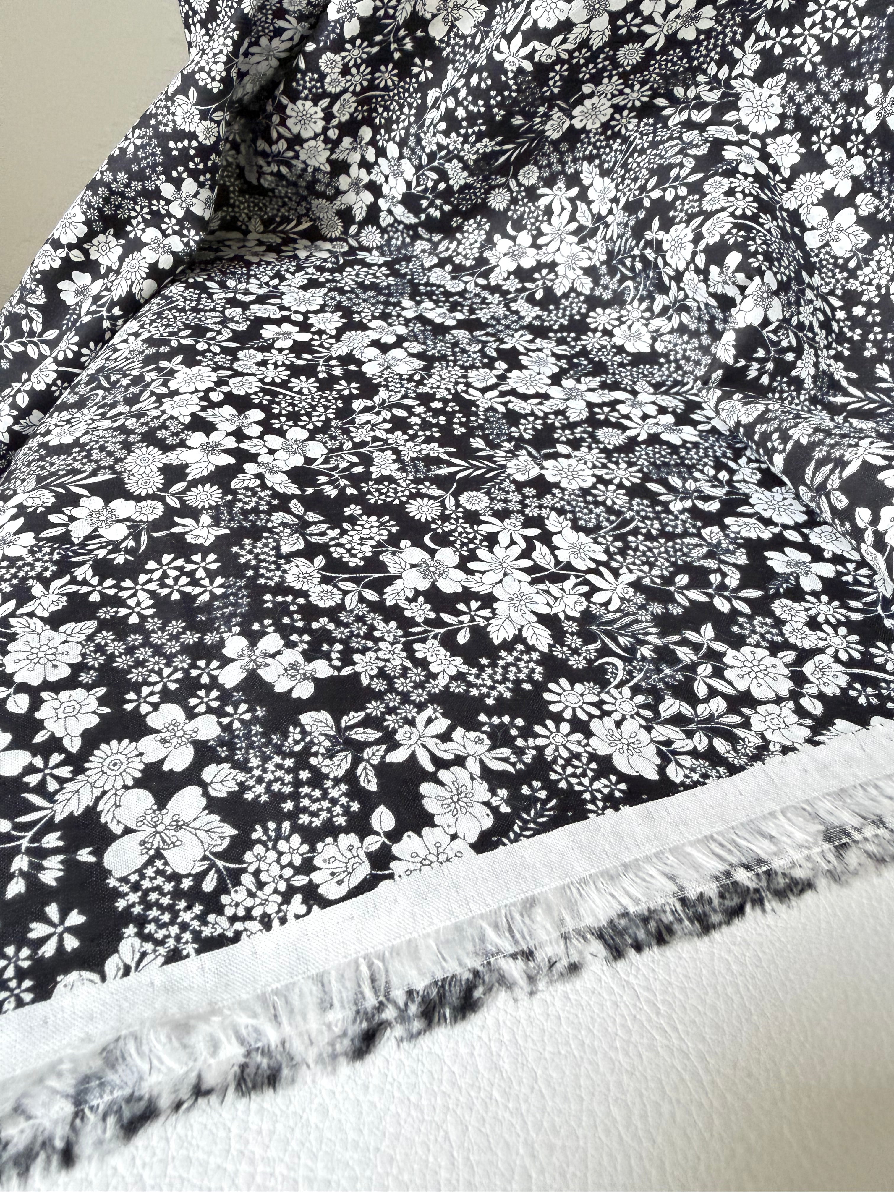 White, Black- Cotton Lawn- 42” Wide- Floral Print- Kokka