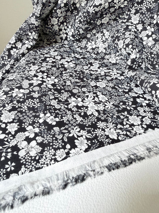 White, Black- Cotton Lawn- 42” Wide- Floral Print- Kokka