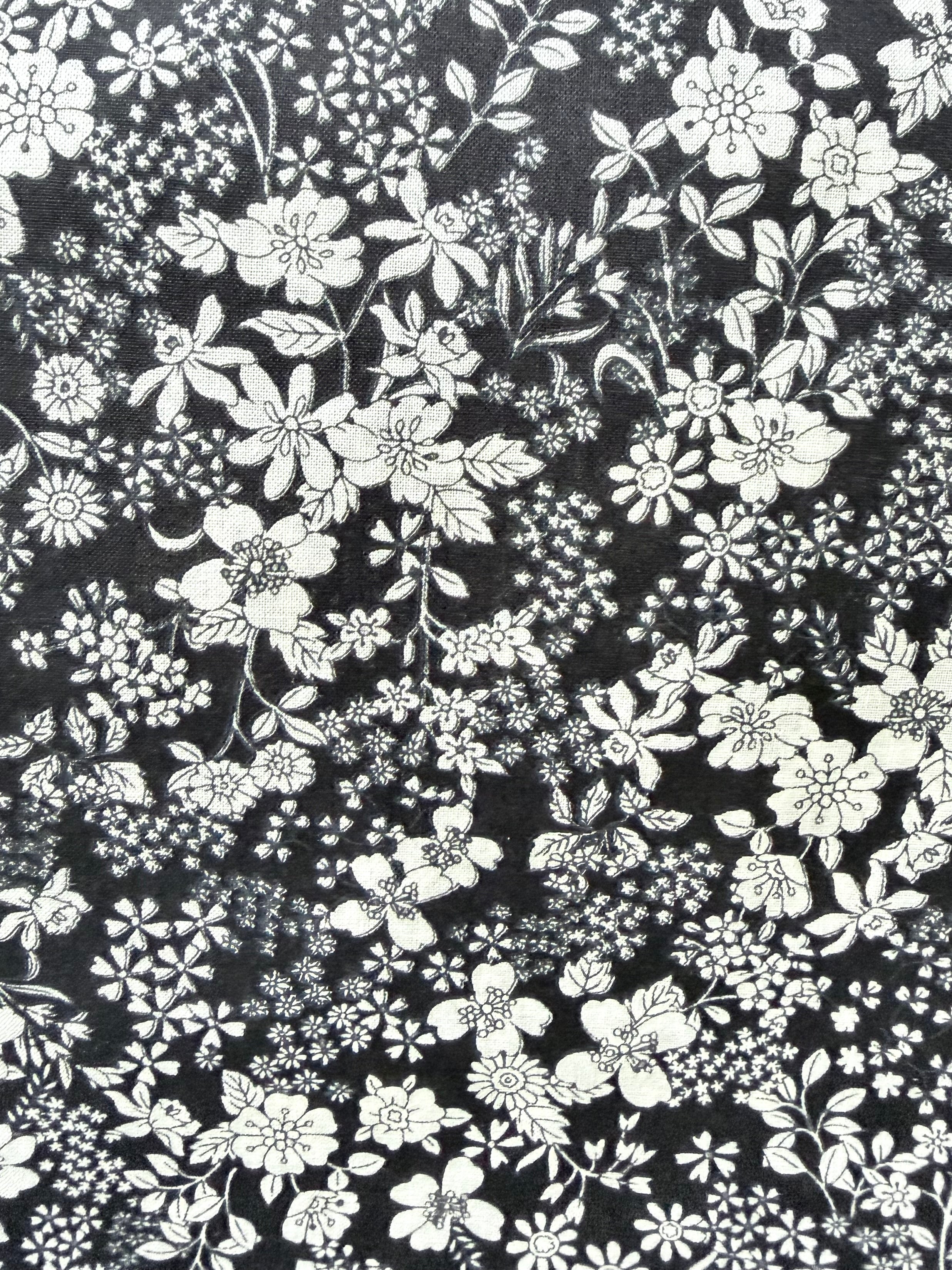 White, Black- Cotton Lawn- 42” Wide- Floral Print- Kokka