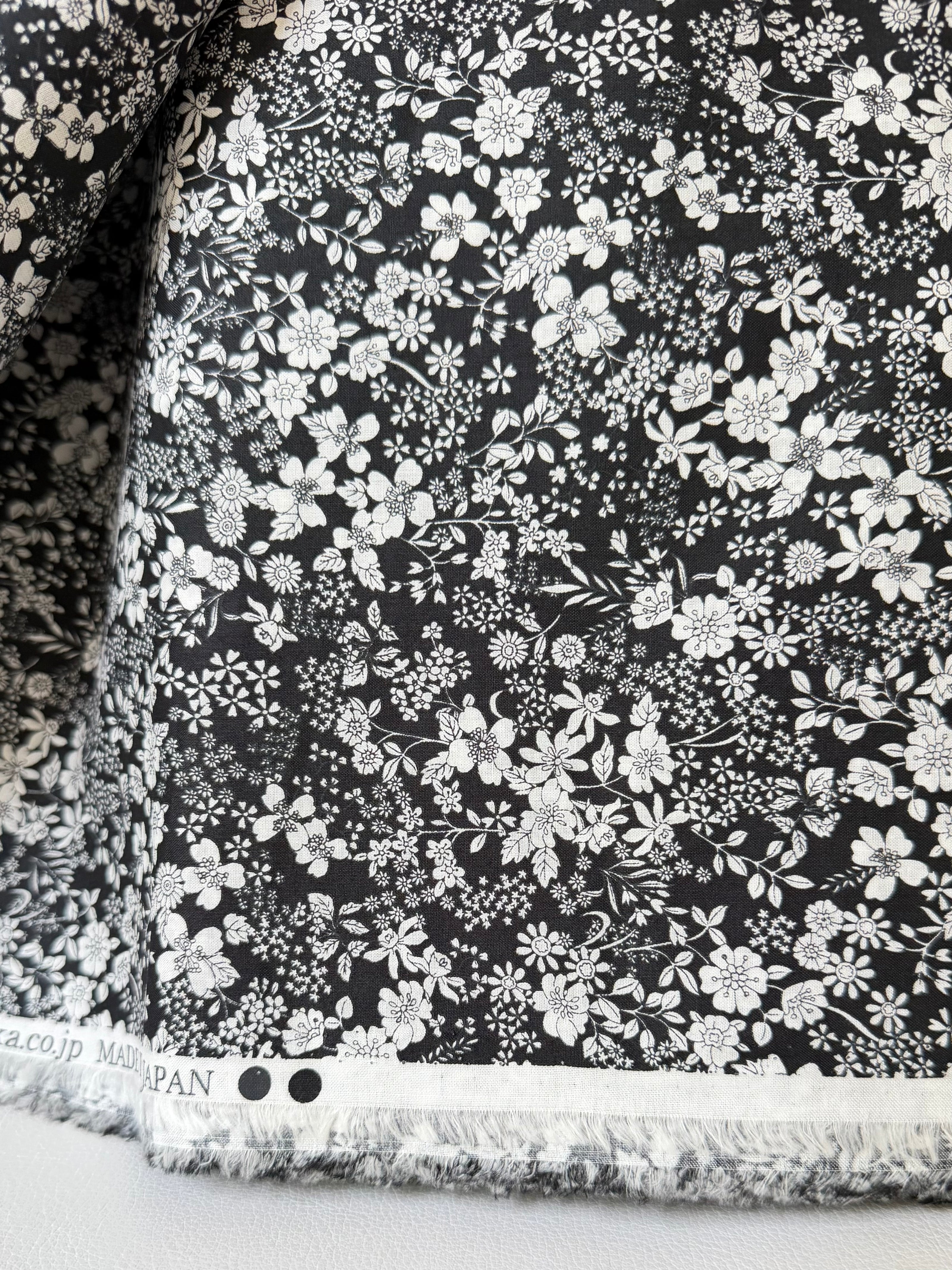 White, Black- Cotton Lawn- 42” Wide- Floral Print- Kokka