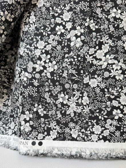 White, Black- Cotton Lawn- 42” Wide- Floral Print- Kokka