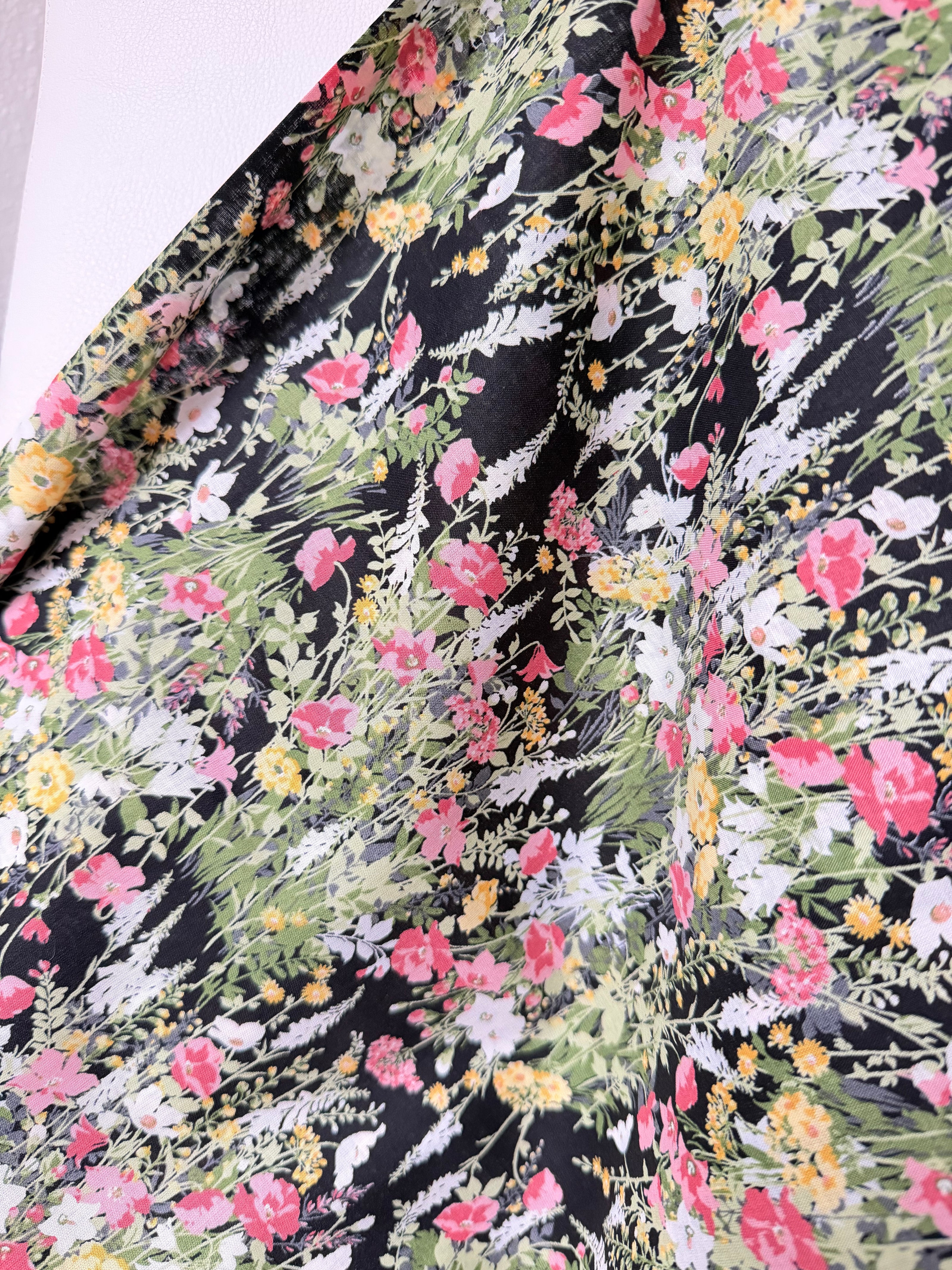 Yellow, Pink on Black- Cotton Lawn- 42” Wide- Floral Print- Kokka
