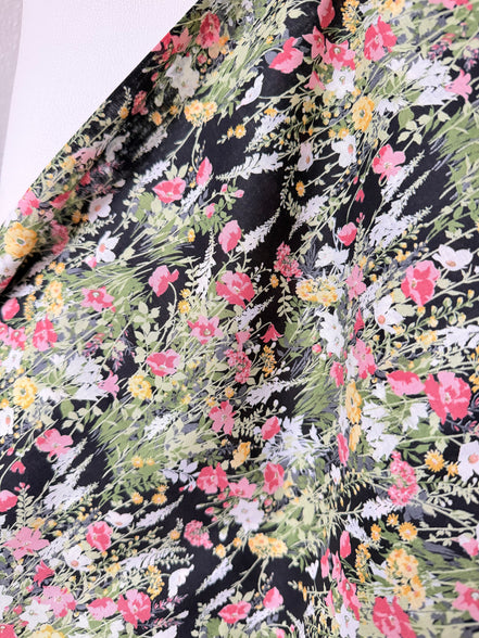 Yellow, Pink on Black- Cotton Lawn- 42” Wide- Floral Print- Kokka