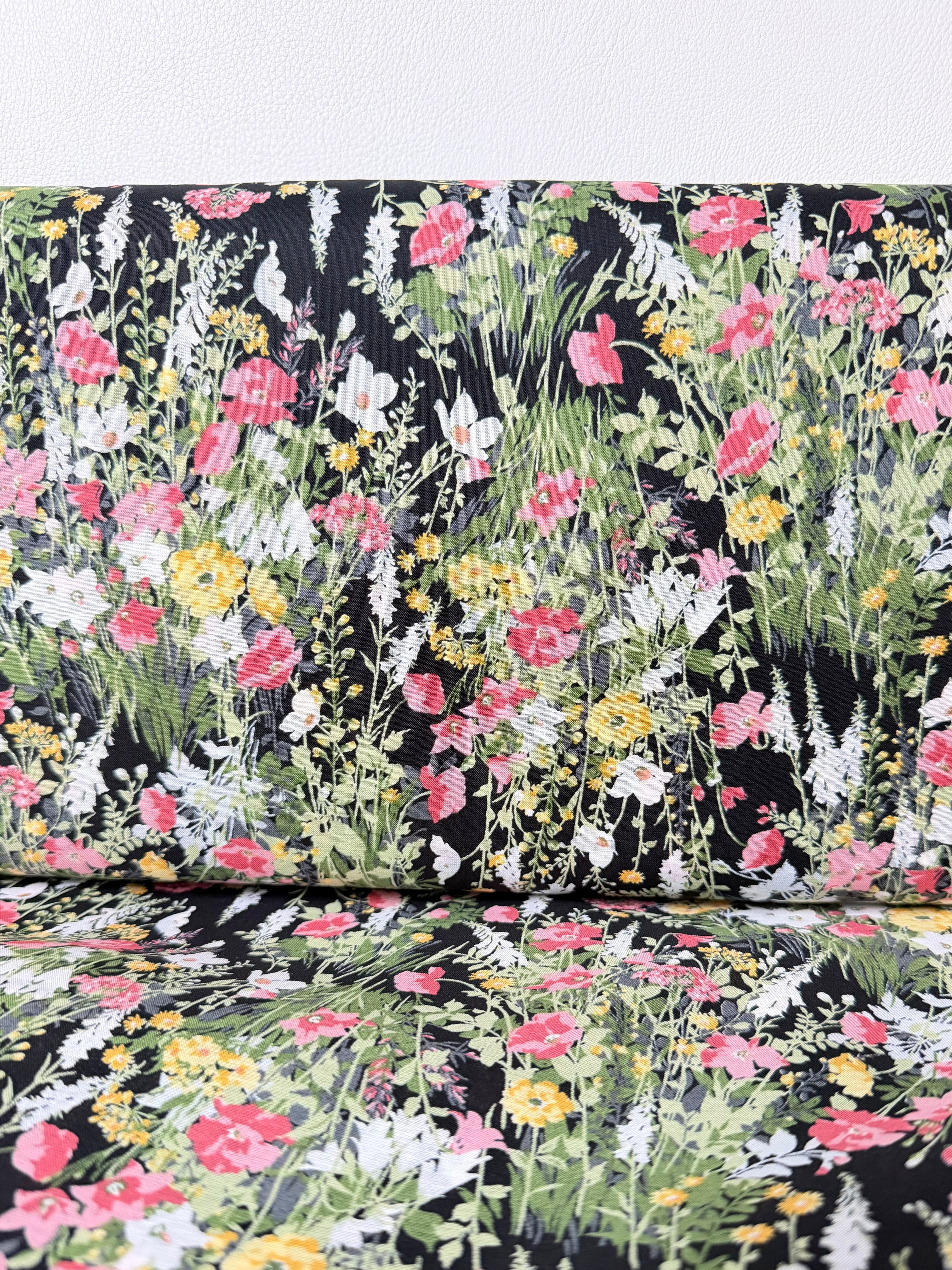 Yellow, Pink on Black- Cotton Lawn- 42” Wide- Floral Print- Kokka
