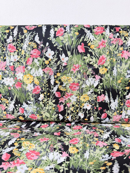 Yellow, Pink on Black- Cotton Lawn- 42” Wide- Floral Print- Kokka